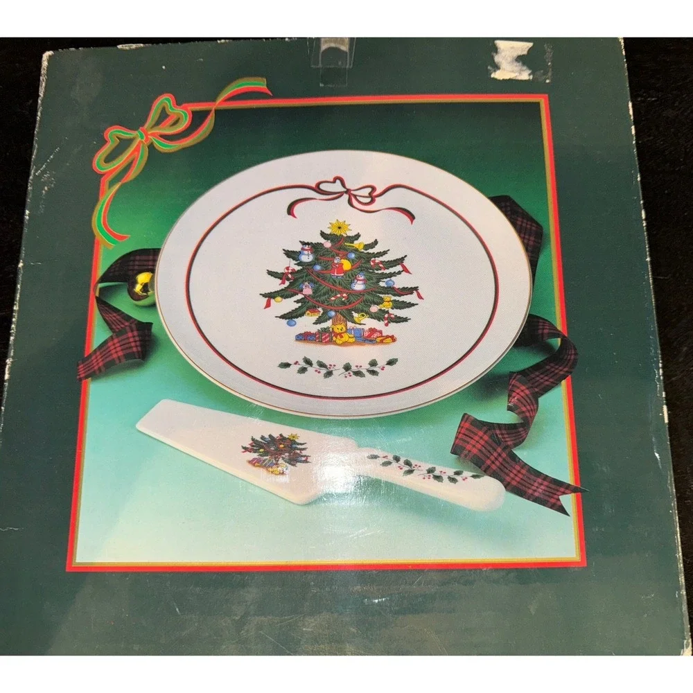 Vintage Christmas Tree Pie Cake Dessert Plate Utensil‎ Server Porcelain Japan